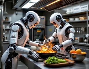 Fototapeta premium Two White Robots Cooking Food in a Modern Kitchen