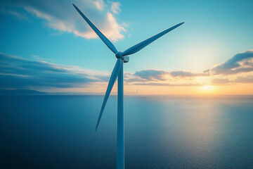 Wind turbines and sunset sky background for renewable energy, sustainability, and clean tech