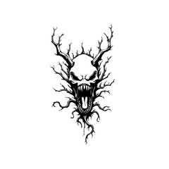 Creepy skull with tree branches illustration creating a nightmarish figure for Halloween or gothic design