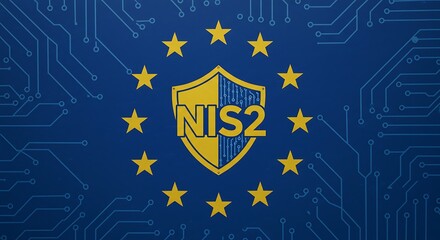 NIS2 Cybersecurity Emblem with EU Stars and Circuit Shield Design