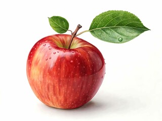 Realistic red apple with water droplets and green leaves isolated on white background
