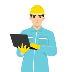 Engineer in Safety Gear Working on Laptop. Flat Vector character illustration