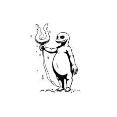A curious creature illustration holding a fiery torch in a stark black and white design