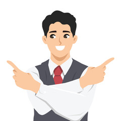 Businessman crosses his arms and points both fingers outward, suggesting multiple choices. Flat Vector character illustration