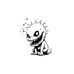 Cute monster with spiky hair and sharp teeth black and white graphic drawing illustration for halloween