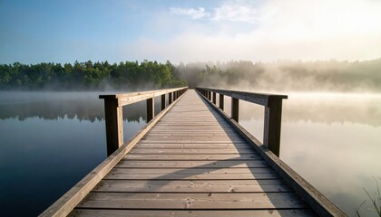 Fototapeta premium Wooden Bridge Over Misty Lake At Sunrise