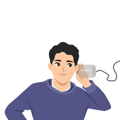 Man in a hoodie is using a tin can phone, symbolizing playful or old fashioned communication. Flat Vector character illustration