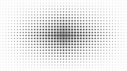 Abstract pixel halftone dot pattern background. Modern square gradient design optical illusion effect digital art style black and white pop art texture for web and graphic projects.