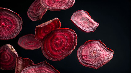 Slices of fresh red beet levitate against a dark background creating a visually striking and healthy food concept