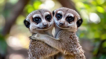 Affectionate meerkats hugging, African savanna, blurred background, wildlife poster
