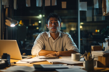 Fototapeta premium Tired Businessman Working Late Night in the Office