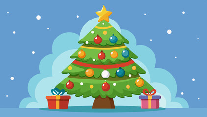 Christmas tree with gifts isolated on a snowy blue background