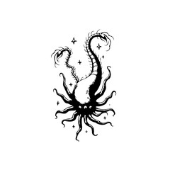 An illustrative artwork featuring a mythical creature with tentacles and a sinuous tail, surrounded by stars