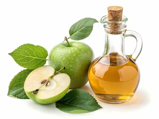 Fresh green apple and bottle of apple cider vinegar with leaves isolated on white background