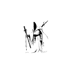 Mysterious hooded figure wielding scepter and ominous weapon isolated on white background creates intrigue and fantasy theme