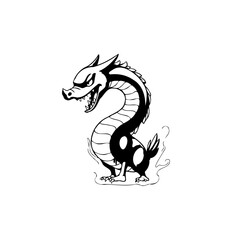 Stylized black and white dragon illustration with a curled body creating a whimsical and fierce creature representation