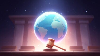 In a formal room, a desk holds a gavel, with a window behind showcasing the Earth, and potted plants standing on either side, indicating a courtroom with a focus on environmental law or global