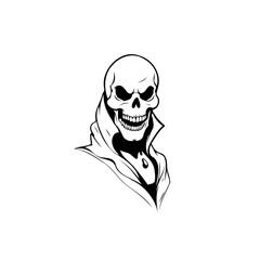 Creepy skull in monochrome artwork featuring a sinister smile and coat as a dark illustration