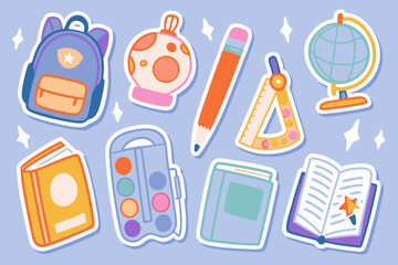 Big set of school supplies and education stickers. Back to school. Backpack, books, globe, pencil box, paints, ruler, pen, pencil. Suitable for prints, cards, paper crafts, scrapbooking.