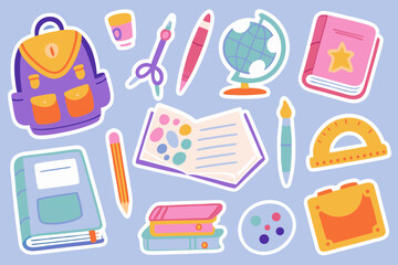 Big set of school supplies and education stickers. Back to school. Backpack, books, globe, pencil box, paints, ruler, pen, pencil. Suitable for prints, cards, paper crafts, scrapbooking.