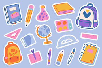 Big set of school supplies and education stickers. Back to school. Backpack, books, globe, pencil box, paints, ruler, pen, pencil. Suitable for prints, cards, paper crafts, scrapbooking.