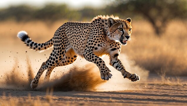 Cheetah Sprint Cheetah mid-sprint at 60mph, blurred savanna background, muscles straining, spray of dust behind paws, 12000s shutter speed.