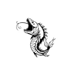 Stylized predatory fish with open mouth showing teeth and tongue black and white illustration