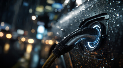 Close-up of an electric vehicle charging port at night, with water droplets, city lights bokeh in background, showcasing EV charging, modern tech, and urban night ambiance.