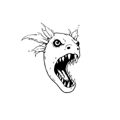Illustrative depiction of a mythological dragon head roaring menacingly with open mouth and sharp teeth line art