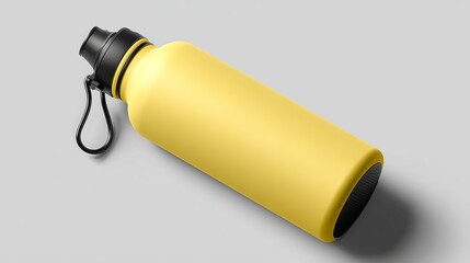 yellow reusable water bottle mockup on grey background, sports and sustainable brand promotions
