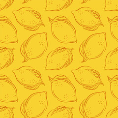 Seamless lemon pattern in line art style on yellow background. Hand drawn design for food packaging, kitchen wallpaper, wrapping paper and organic package.