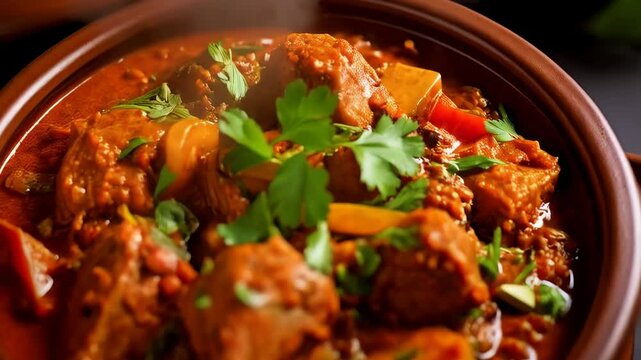 Authentic stew dish with herbs, beef, and vegetables in a rustic terracotta bowl emitting steam, close up