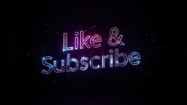 Neon glowing text "Like & Subscribe" with sparkling particles on a dark background