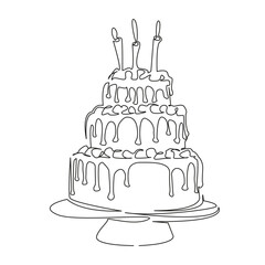 One continuous single drawing line art flat doodle candle, cake, sweet, birthday, celebration, party, dessert, delicious. Isolated image hand draw contour on a white background, hand drawn, not AI
