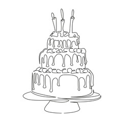 One continuous single drawing line art flat doodle candle, cake, sweet, birthday, celebration, party, dessert, delicious. Isolated image hand draw contour on a white background, hand drawn, not AI