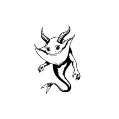Whimsical horned creature in black and white illustration fantasy drawing character design mysterious element