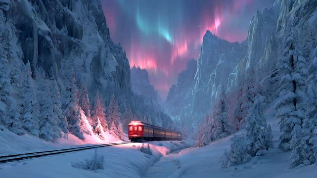 Train in a snowy mountain pass under the aurora borealis
