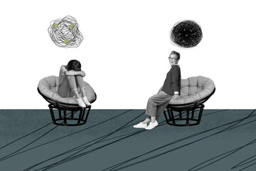 Surreal collage of two people messy doodles on grey white colors background