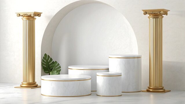 Elegant white marble podiums with gold accents and classical columns
