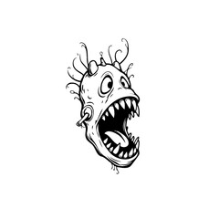 Cartoon grotesque head illustration featuring screaming open mouth showcasing jagged teeth drawing style with graphic