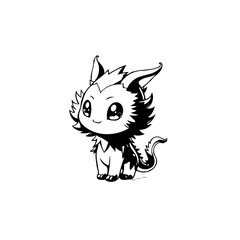 Cute black and white mystical creature drawing featuring large sparkling eyes and fluffy fur illustration