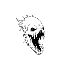 An Impressive and Frightening Depiction of a Monster Head with Sharp Teeth Vector Illustration Line Art