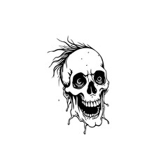 Creepy halloween human skull with crazy hair and spooky grinning isolated on white background for decoration or graphic design
