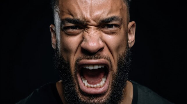 Furious man shouting with intense expression against dark background