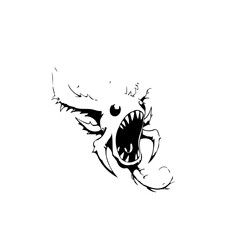 An eerie black and white illustration depicting a monstrous creature with sharp teeth, creating an unsettling atmosphere