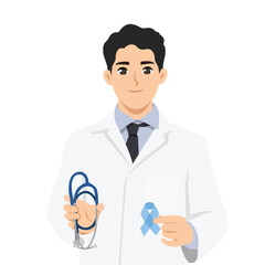 Doctor holding a stethoscope and a blue awareness ribbon. Flat Vector character illustration
