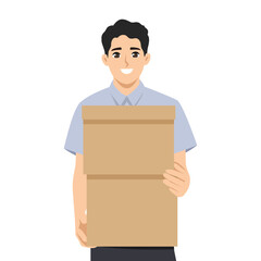 Worker holding two stacked cardboard boxes, symbolizing reliability and efficient service. Flat Vector character illustration