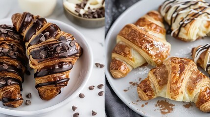 A delicious assortment of croissants with chocolate and glaze on plates ready to be served