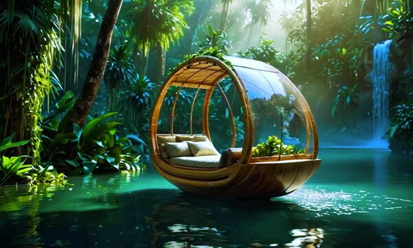A futuristic pod that is floating over a lush, tropical landscape with a waterfall in the background. The pod has a transparent exterior and appears to be a serene and secluded place for relaxation