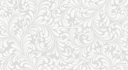 Seamless elegant ornate white floral pattern background with intricate swirling organic elements on light grey versatile decorative design for textiles wallpaper paper print